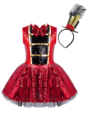 2Pcs Girls Circus Ringmaster Outfit Sleeveless Sequins Tutu Dress with Headwear for Performance