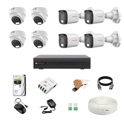 Image of CP Plus illumax 5MP 8 Channel DVR, 5MP 4 Dome & 4 Bullet Cameras [Color Night Vision + Built-in Audio MIC + SMART Dual Light + Motion Detection] + 2 TB HDD + CLOCITE 8 CH SMPS + CCTV Cable + BNC /DC