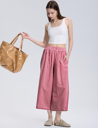 Image of LOMON Womens Wide Leg Capri Pants Gingham Plaid Culottes Summer Elastic Waist Palazzo Trousers Bottoms with Pockets