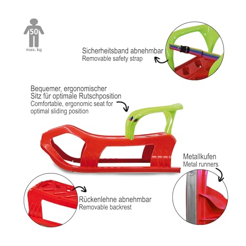 JAMARA 460366 - Snow Play Schlitten mit Lehne Snow-Star 90cm rot - R&uuml;ckenlehne inkl. Sicherheitsband, ergonomischer Sitz, Metallkufen, Kippschutz, robuster Kunststoff, Seil mit Griff zum Ziehen, 3KG