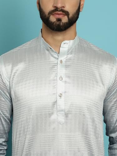 Image of SOJANYA (Since 1958, Men's Jacquard Silk Multi Shade Sequinned & White Pyjama Set