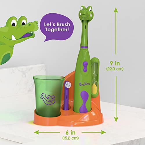 Brusheez Childrens Electronic Toothbrush Set - Includes Battery-Powered Toothbrush, 2 Brush Heads, Cute Animal Head Cover, 2-Minute Sand Timer, Rinse Cup, and Storage Base - Snappy the Croc