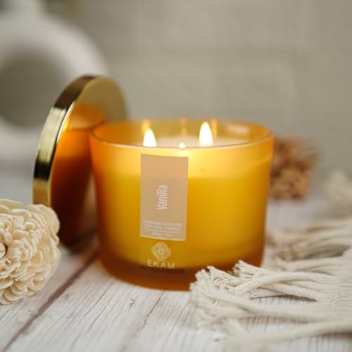 Image of EKAM 3 Wick Soy Wax Scented Candle | Vanilla Fragrance | 35 Hr Burn | Long Lasting Premium Jar Candle for Home Decor, Relaxation & Gifting