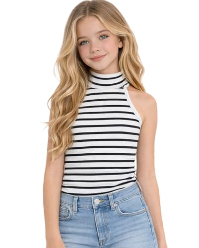 Image of Girl's Cotton Blend Casual Top with Halter Neck Sleeveless Striped Pattern Modern Style Relaxed Fit and Waist Length