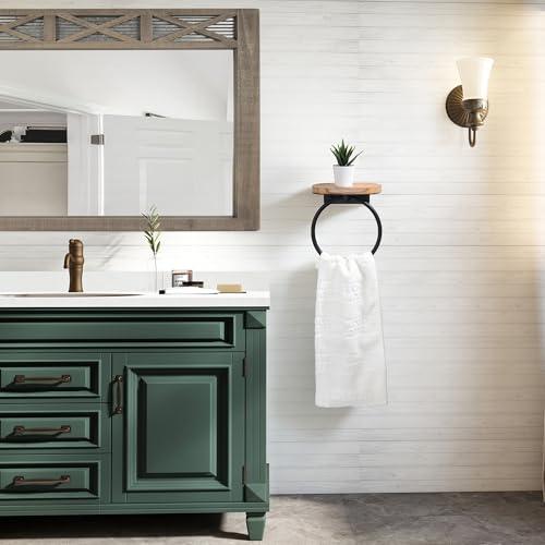 Image of Wood Rustic Towel Ring with Shelf, Farmhouse Towel Rack Holder, Olive-Shaped Tray Hand Towel Rack, Classical Bathroom Accessories