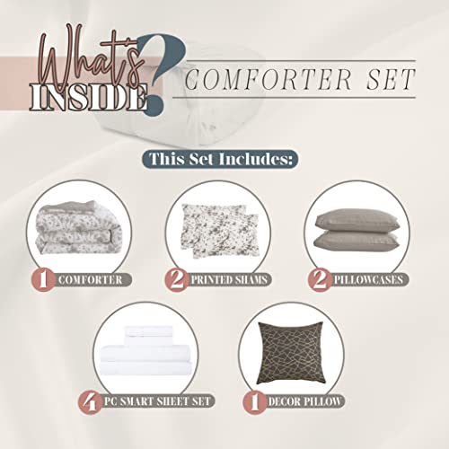 Image of Elegant Comfort Reversible 10-Piece Comforter Set, Tie-Dye Print, Decorative Pillow and Fitted Sheet with Smart Pockets, Soft, Plush, Lightweight Material, 10pc Tie-Dye Set, Full, Gray