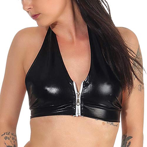 Jela London Wetlook GoGo Neckholder-Top Glanz Poledance bauchfrei metallic, Schwarz