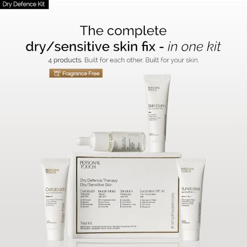 Image of Personal Touch Complete Trial Kit - Dry Defence Therapy for Dry & Sensitive Skin | Cetabath Face Cleanser, Snail Mucin Serum, Skindam Barrier Repair Moisturizer & SPF 50 Sunscreen