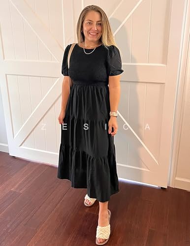 ZESICA Women's Casual Summer Crew Neck Short Puff Sleeve Smocked High Waist Ruffle Tiered A Line Midi Dress4