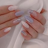 Light Blue Press on Nails Medium with Glitters Designs Almond Fake Nails French Sparkly False Nails Full Cover Cute Nude Acrylic Nails Glossy Artificial Nails for Women Manicure 24 Pcs