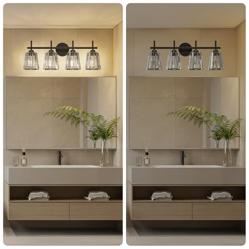 Image of Crystal Bathroom Light Fixtures Over Mirror, Black 4-Light Bathroom Vanity Lights Over Mirror Modern Wall Lighting Sconces with Ceramic E26 Base (Bulbs Not Include)