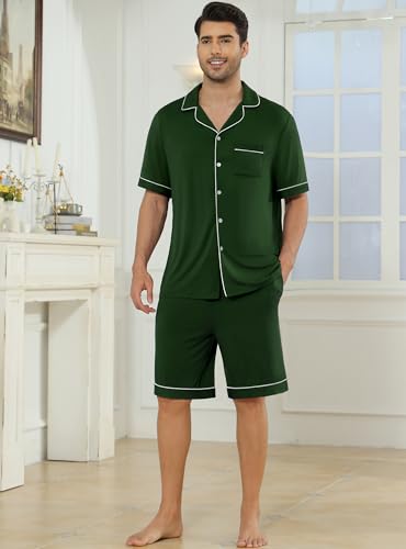 Image of Veseacky Men's Button Down Pajama Set Short Sleeve Shorts Modal Soft Sleepwear Loungewear Pjs with Pockets S-XXL
