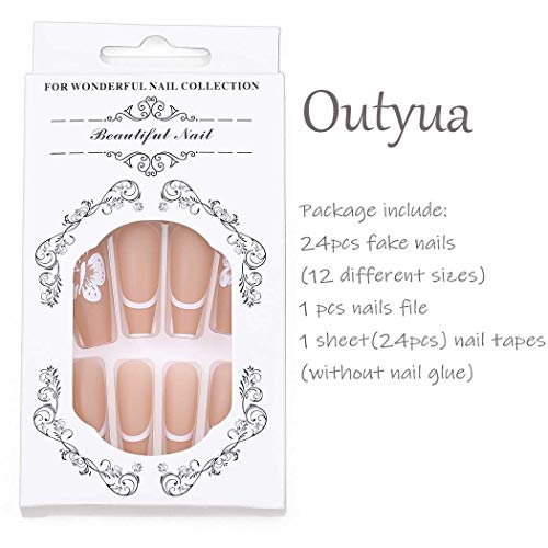 Outyua Matte Butterfly Extra Long Press on Nails Nude Coffin Fake Nails French Cute False Nails Nallerina Full Cover Acrylic Nails for Women and Girls 24Pcs