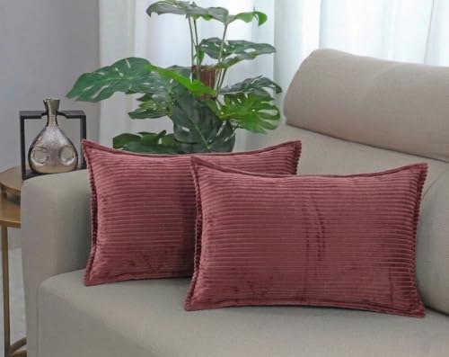 Image of RD TREND Corduroy Cushion Cover Set of 2, Striped Double Sided Decorative Throw Pillowcases for Sofa, Bed & Living Room Rectangular Long Cushion Covers 18x28 inches | Wine