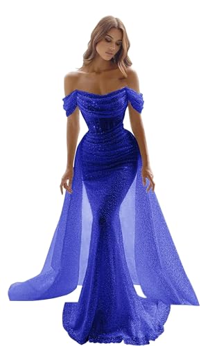 Sparkly Mermaid Prom Dresses for Women Off Shoulder Sequin Wedding Dresses Long Formal Evening Party Gown with Train