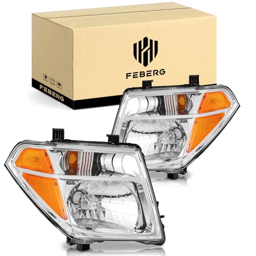 FEBERG [OE Style Anti-Yellowing Headlights Assembly Compatible with 2005-2008 Nissan Frontier / 2005-2007 Pathfinder Headlight for 2005 2006 2007 2008 Frontier Headlamp Replacement Chrome Housing