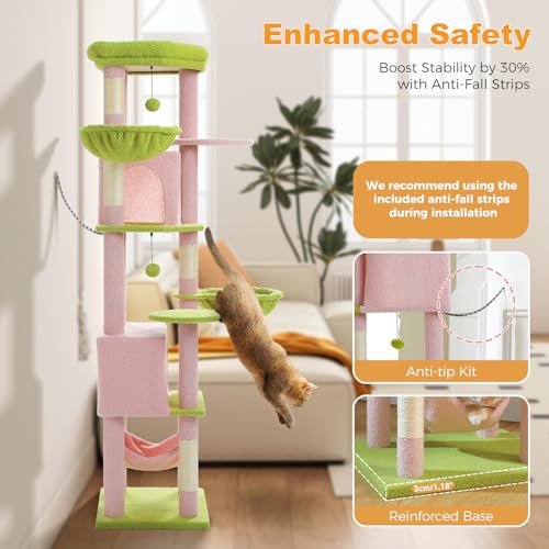 Image of MUTTROS 71.2 inch Large Cat Tree for Multi-Cat Households - Heavy-Duty 9-Level Cat Tower w /5 Sisal Scratching Posts, 2 Condos, 3 Hammocks, Extra-Large Perch & Pompoms - Space-Saving, Pink