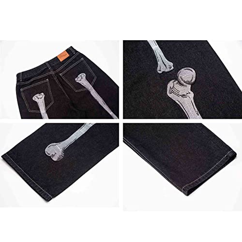 BXCNCKD Hip Hop Jeans Dark Black Skeleton Embroidery Jeans Gothic Loose Wide Leg Straight Leg Trousers Grunge Clothes3