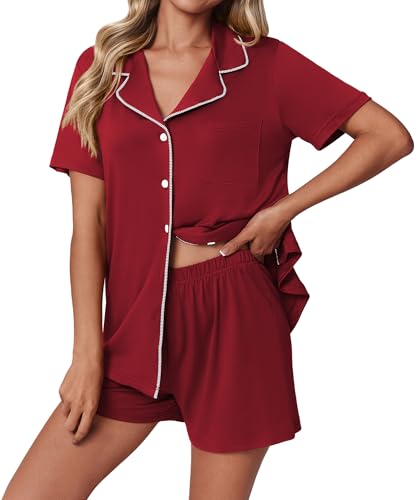 Image of Ekouaer Pajamas Set for Women 2 Piece Pjs Short Sleeve Sleepwear Button Down Lounge Shorts Sets S-XXL