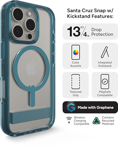 Image of ZAGG Santa Cruz Snap with Kickstand Case for iPhone 16 Pro - MagSafe Compatible, 13ft Military-Grade Drop Protection, Reinforced with Graphene, Slim Clear Case with Vibrant Color Accents, Retro Blue