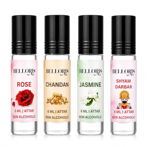 Image of Rose, Chandan, Jasmine & Shyam Darbar | Attar Gift Set for Men & Women | Non Alcoholic Long Lasting Attar Perfume Oil | Roll On Fragrance Combo Pack (4 x 6ml) Natural Attar for Pooja & Meditation (SHYAM DARBAR)