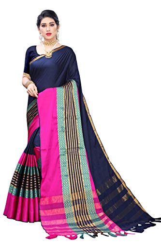 Image of AKHILAM Women's silk blend Saree with Unstitched Blouse Piece (Free size Navy Blue HYN9801)