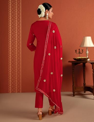 Image of Kaari Women's Embroidered Kurta Set with Dupatta - Straight Fit | Silk Blend Fabric with Zari Embroidery | Gota Patti Work Cotton Dupatta | Kurta Set For Women