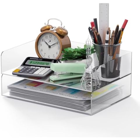 Flymer Acrylic Letter Tray, Clear Paper Organizer for Desk Stackable, Acrylic Office Organizer 2 Tier for Letter Trays & Stacking Supports Cover