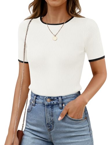 ZESICA Women's Summer Short Sleeve Ribbed Knit Slim Fit T Shirt 2025 Crewneck Basic Casual Color Block Tee Tops