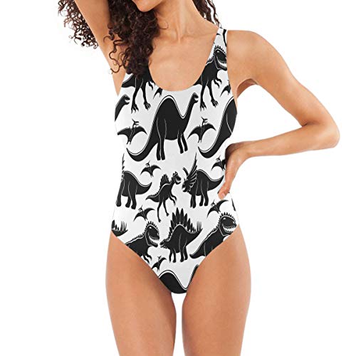 Love Animal Cute Dinosaurs Seamless Black Womens One Piece Swimsuits Bathing Suits, Tankini