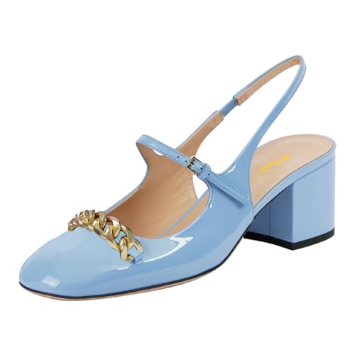 FSJ Women Stylish Slingback Heels Block Chunky Heel Pumps Square Toe Metal Chain Work Dress Shoes Size 4-16 US