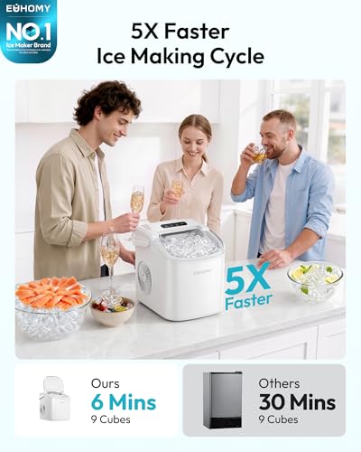 Image of EUHOMY Countertop Ice Maker Machine with Handle, 26lbs Per Day, 9 Ice Cubes Ready in 6 Mins, Auto-Cleaning Portable Ice Maker with Basket and Scoop, for Home /Kitchen /Camping /RV (White)