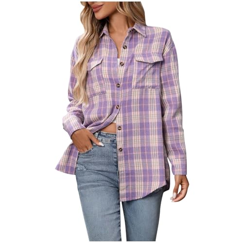 Flannel Shirt Women 2025 Fall Fashion Plaid Button Down Shirt Casual Snap Shackets Jacket Outfits