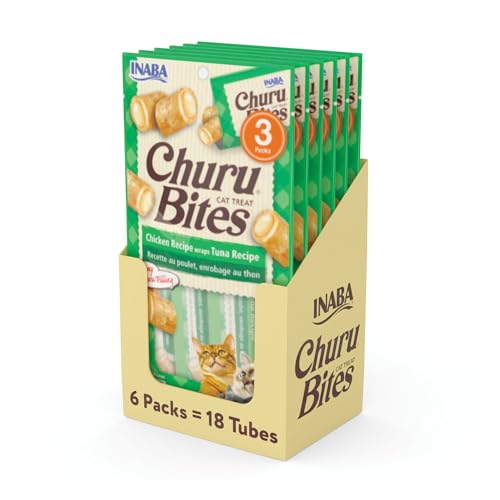 INABA Churu Bites for Cats Soft/Chewy Baked Chicken Wrapped Churu Filled Cat Treats with Vitamin E 0.35 Ounces per Tube 18 Tubes Total (3 Tubes per Pack) Tuna Recipe