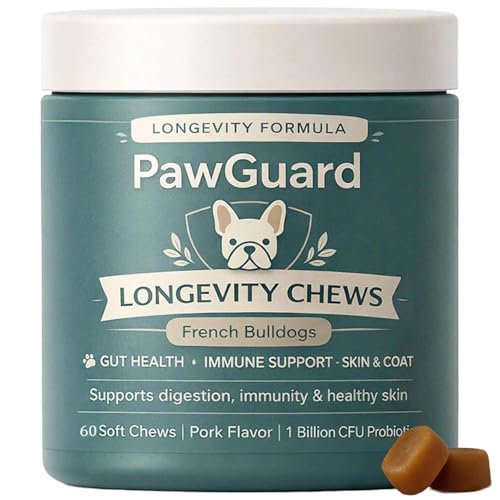 PawGuard French Bulldog Longevity Chews Breed-Specific Soft Chews with Probiotics Digestive Enzymes Glucosamine Chondroitin Pork Flavor Gut Skin Coat Immune Joint Support 60 Count(1pc)