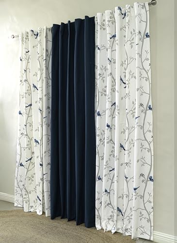 Image of Tranquebar Curtain Co. Window Curtains 5 Feet, 60-65% Room Darkening, Blue Bird Print, Cotton Curtains for Window,Cotton Curtains 5 Feet Set of 3,BackTab Loops,Design Yori Blue combo (152 cm)-Set of 3