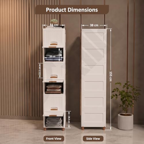 Image of 6 Tier Foldable Wardrobe Organizer for Clothes | Multipurpose Closet Storage Rack | Kid Wardrobe for Cloth & Toys | Stackable Cabinet | Space Saving Almirah for Living Room & Home (Ivory)