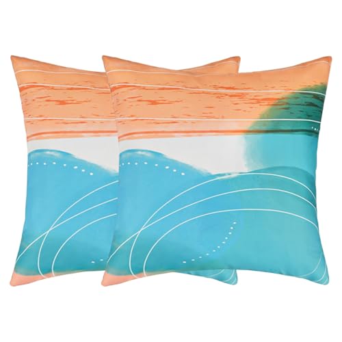 Image of UTHDLM Waterproof Cushion Covers 45 x 45cm Set of 2 Rainbow Graffiti Print Decorative Pillow Cover, Modern Cushion Case for Indoor & Outdoor Use, Garden, Patio, Sofa, Bench, Beach(Teal-2)