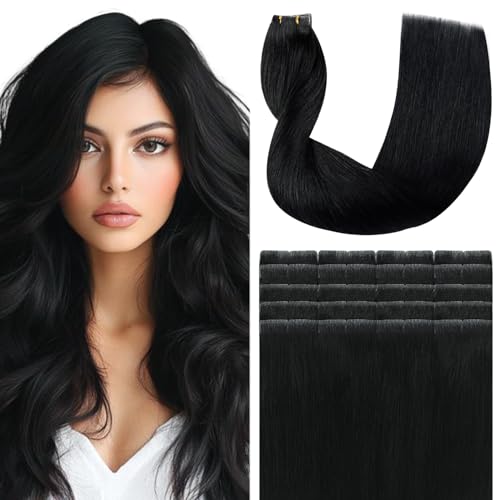 Image of SURNEL Injected Tape in Hair Extensions 14 Inch Natural Real Human Hair Extension Jet Black Upgraded Seamless Remy Invisible Tape in Extensions 20Pcs 30g(#1,14)