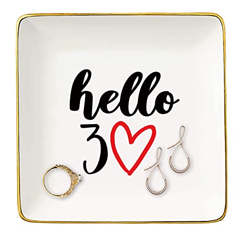 Topthink Hello 30 – Portagioie in ceramica per anelli, regalo divertente per 30° compleanno, per donne, capo, moglie, sorelle, migliore, migliori amici, colleghi, regalo per trent'anni