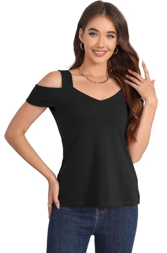 Soesdemo Summer Tops Womens Tunic Top Short Sleeve Cold Shoulder V Neck Loose Fit Basic Tee Casual Tops Shirts Blouse2