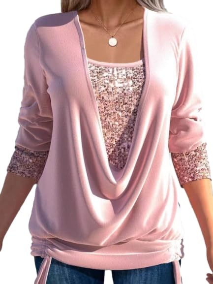 GAGFDA Sequin Loose Smocked Fake Two-Piece Top, Evening Tops Women Long Sleeve V Neck Solid Plus Size Loose Sequin T Shirt,for Party (Pink,XL)