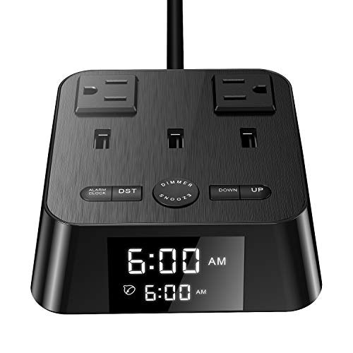 Yostyle Alarm Clock Charger w/3 USB Ports & 2 AC Outlets, 6ft Power Cord Charging Station Power Strip for Hotel Home Office,UL Tested (4 Dimmer Brightness,Snooze,ON/Off Switch,DST Time,Battery Backup)