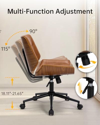 Image of Home Office Chair No Arms,Armless Adjustable Height Small Desk Chair,PU Leather Swivel Computer Chair with Wheels,Mid-Century Modern Walnut Mid Back Chair for Office, Reading Room,Bedroom(Brown)