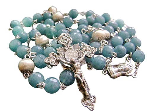 elegantmedical HANDMADE Sterling Silver Beads 5 DECADE GIFT ROSARY Crucifix Cross Aquamarine Beads & necklace Box