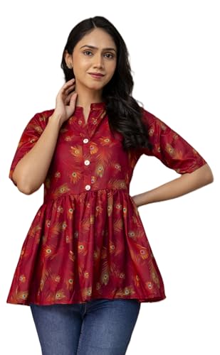 Image of Women's Printed Peplum Top | Ethnic Feather Print Kurti Style Top | Mandarin Collar, 3 /4 Sleeve | Casual & Office Wear for Girls & Women | Maroon