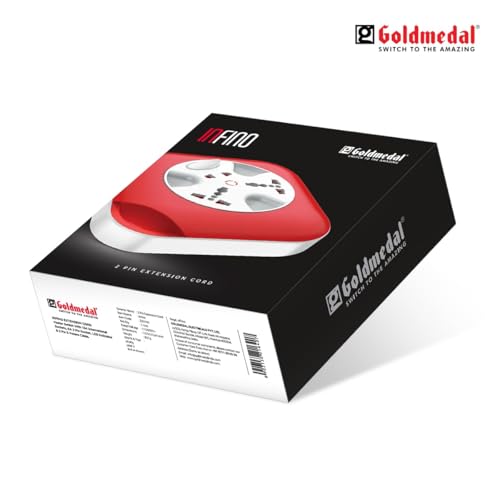 Image of Goldmedal Infino 2 Pin Extension Cord(White and Red) Pack of 1,Master Switch with Indicator,Heavy-Duty 5-Meter Cable,International Sockets & 2-Pin Socket