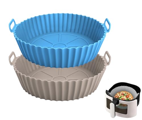 Image of PRANIJ 2 Pack Silicone Air Fryer Liners | Reusable Non-Stick Round Basket | Kitchen Baking Accessories Tray | Oven Cooking Insert Accessories - 8 Inch (Grey & Blue)