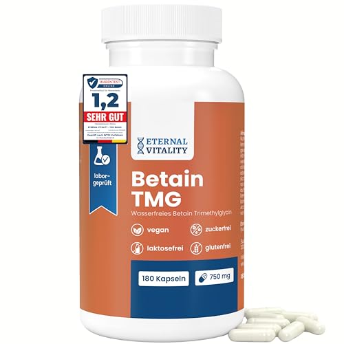 Eternal Vitality Betain TMG Kapseln 180 vegane Kapseln à 750 mg Trimethylglycin aus Zuckerrüben laborgeprüft ohne Zusatzstoffe Deutscher Hersteller