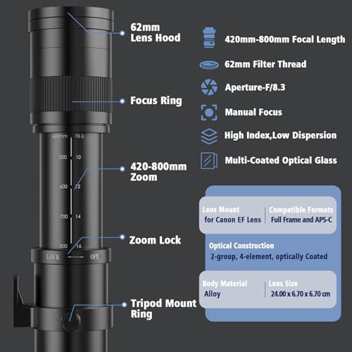 Image of lightdow Telephoto Lens 420-800Mm F /8.3 For Canon EF Manual Telephoto Zoom Lens For Canon EOS Rebel T8I T7 T7I T6 T6S T6I T5 T5I T4I T3I T3 T2I T1I 250D 750D 760D 1200D 1300D 2000D DSLR Cameras,Black